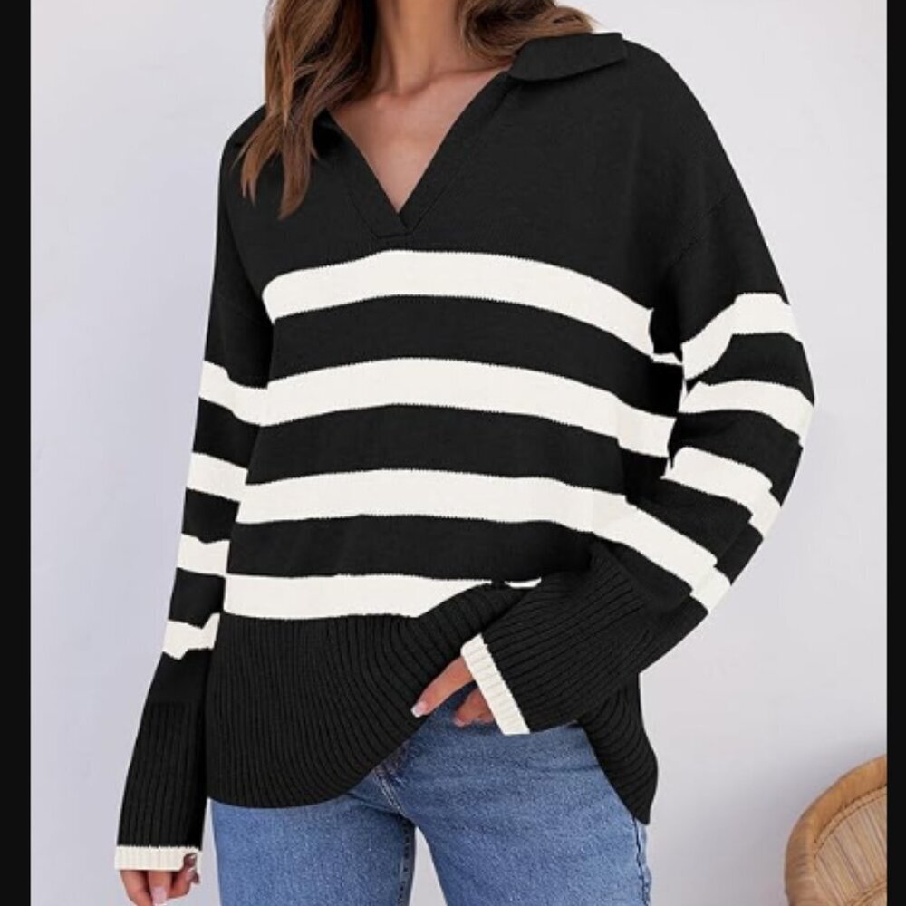 Women's Lapel VNeck Long Sleeve Striped Chunky Knit Oversized Sweater Small NWT - Picture 1 of 7